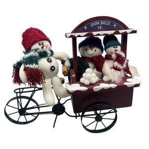 Vintage Christmas 3 snowmen on bicycle wooden trailer selling snowballs 5¢ READ